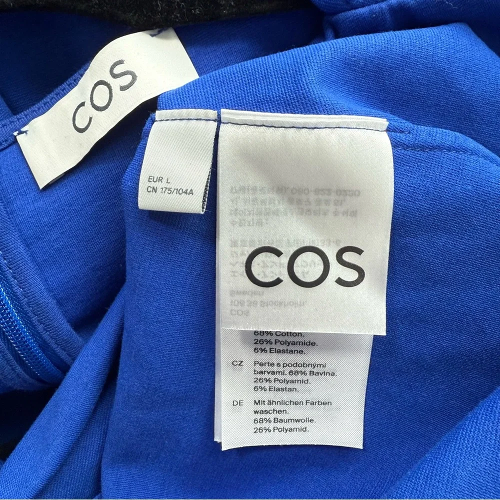 New Cos Gathered Midi Maxi Dress Blue Sleeveless Jersey Elastane Ruched Large - Picture 6 of 9
